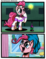 Size: 2000x2565 | Tagged: dead source, safe, artist:gray--day, fili-second, pinkie pie, g4, power ponies (episode), 2 panel comic, bath, comic, high res, power ponies, prehensile mane, shampoo, towel