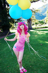 Size: 997x1500 | Tagged: safe, artist:chibisashi, pinkie pie, human, g4, balloon, cosplay, grass, irl, irl human, overalls, photo, solo