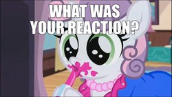 Size: 1280x720 | Tagged: safe, edit, edited screencap, screencap, sweetie belle, for whom the sweetie belle toils, g4, 5-year-old sweetie belle, caption, cute, female, lipstick, reaction image, solo