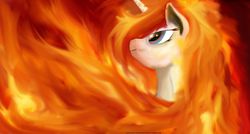 Size: 1916x1029 | Tagged: safe, artist:greyscaleart, princess celestia, g4, bedroom eyes, female, fire, looking up, mane of fire, portrait, power, pretty, prime celestia, princess, princess solestia, profile, smiling, solo