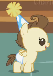 Size: 383x551 | Tagged: safe, screencap, pound cake, pony, baby cakes, g4, baby, baby pony, cute, diaper, diapered, diapered colt, happy, happy baby, hat, male, one month old colt, open mouth, party hat, solo, standing, white diaper