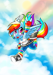 Size: 854x1208 | Tagged: safe, artist:meb90, rainbow dash, anthro, g4, cloud, cloudy, female, solo