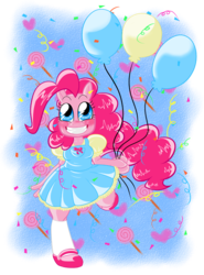 Size: 908x1228 | Tagged: safe, artist:meb90, pinkie pie, earth pony, anthro, g4, balloon, clothes, dress, female, solo