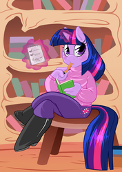 Size: 811x1147 | Tagged: safe, artist:meb90, twilight sparkle, anthro, plantigrade anthro, g4, book, chair, clothes, female, glowing horn, horn, levitation, looking at you, magic, pencil, sitting, solo, telekinesis