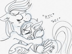 Size: 1024x768 | Tagged: safe, artist:supernoncutie, applejack, fluttershy, g4, comforting, crying, monochrome