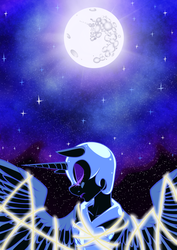 Size: 1568x2218 | Tagged: safe, artist:meb90, nightmare moon, anthro, g4, female, moon, sleeping, solo, stars, trapped