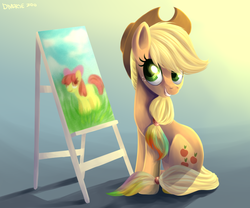 Size: 900x750 | Tagged: safe, artist:dzmaylon, apple bloom, applejack, g4, messy, paint, paint in hair, painting, sitting