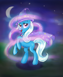 Size: 800x985 | Tagged: safe, artist:milanoss, trixie, pony, unicorn, g4, female, lidded eyes, looking at you, magic, mare, moon, night, open mouth, rearing, smiling, smirk, solo, sparkles, stars