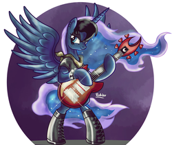 Size: 1822x1536 | Tagged: safe, artist:ruhisu, princess luna, pony, ask teen chrysalis, g4, bipedal, boots, clothes, earring, electric guitar, female, gift art, goth, guitar, heavy metal, makeup, mare, metal, moon, musical instrument, scarf, smiling, solo, srmlet, standing, t-shirt