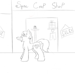 Size: 1000x1000 | Tagged: safe, artist:facade, oc, oc only, pony, cucumber, mall, monochrome, sketch, solo