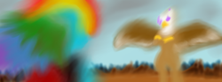 Size: 3000x1110 | Tagged: safe, artist:hosendamaru, gilda, rainbow dash, griffon, g4, blurred, blurry, ink