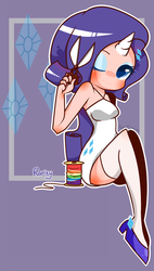 Size: 1000x1761 | Tagged: safe, artist:nm, rarity, human, g4, clothes, female, fishnet stockings, horn, horned humanization, humanized, pixiv, rainbow thread, scissors, short dress, solo, stockings, thigh highs, thread