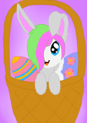 Size: 642x900 | Tagged: safe, artist:maddysu86, oc, oc only, original species, rabbit, basket, bunnypone, easter, easter egg, egg, pony in a basket, solo