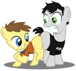 Size: 924x858 | Tagged: safe, butt bump, butt to butt, butt touch, chris, crossover, dan, dan vs, filly, ponified