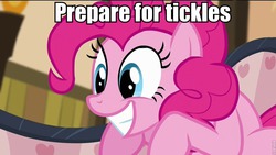 Size: 960x540 | Tagged: safe, pinkie pie, g4, pinkie apple pie, female, happy, image macro, meme, solo, tickling