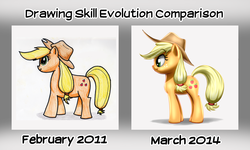 Size: 2000x1200 | Tagged: safe, artist:mykegreywolf, applejack, g4, 2011, 2014, black outlines, comparison, digital art, draw this again, full body, profile, redraw, side view, simple background, smiling, standing, traditional art, white background