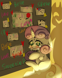 Size: 667x834 | Tagged: safe, artist:misocha, sweetie belle, g4, crying, female, foalnapping, kidnapped, offscreen character, pixiv, sad, shadow, solo, stalker, stalker shrine
