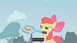 Size: 629x352 | Tagged: safe, edit, edited screencap, screencap, apple bloom, earth pony, pony, call of the cutie, g4, apron, clothes, female, filly, foal, meme, mouth hold, racket, solo, tennis racket, youtube caption