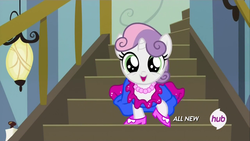 Size: 1280x720 | Tagged: safe, edit, screencap, sweetie belle, for whom the sweetie belle toils, g4, 5-year-old sweetie belle, cute, diasweetes, female, happy, hub logo, open mouth, smiling, solo