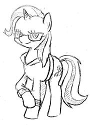 Size: 737x1024 | Tagged: safe, artist:tebasaki, trixie, pony, unicorn, g4, clothes, female, glasses, grayscale, mare, monochrome, simple background, solo, traditional art