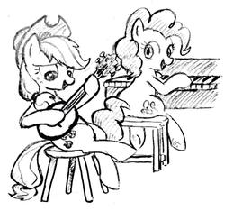 Size: 1024x960 | Tagged: safe, artist:tebasaki, applejack, pinkie pie, earth pony, pony, g4, dexterous hooves, grayscale, guitar, monochrome, musical instrument, piano, simple background, sitting, stool, traditional art