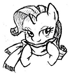 Size: 924x984 | Tagged: safe, artist:tebasaki, rarity, pony, unicorn, g4, clothes, female, grayscale, monochrome, scarf, scart, simple background, solo, traditional art