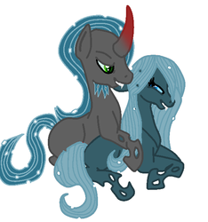 Size: 561x600 | Tagged: safe, king sombra, queen chrysalis, oc, pony, unicorn, g4, blank flank, changelingified, female, male, ship:chrysombra, shipping, straight