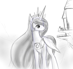 Size: 711x676 | Tagged: safe, artist:alloyrabbit, princess celestia, alicorn, pony, g4, castle, female, giant alicorn, giant pony, giantess, giantlestia, macro, mare, monochrome