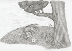 Size: 1277x916 | Tagged: safe, artist:kuroitsubasatenshi, twilight sparkle, g4, book, cute, eyes closed, female, filly, grass, monochrome, prone, sleeping, solo, traditional art, tree, younger