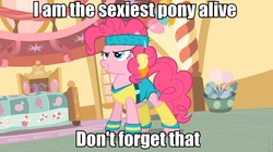 Size: 960x539 | Tagged: safe, edit, edited screencap, screencap, pinkie pie, a friend in deed, g4, female, image macro, leg warmers, meme, sexiest pony alive, solo, workout outfit