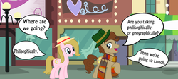 Size: 1240x556 | Tagged: safe, artist:fedora, doctor whooves, time turner, g4, city of death, doctor who, fedora, fourth doctor, hat, ponified, romana, romana ii, speech bubble