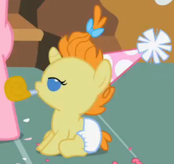 Size: 580x548 | Tagged: safe, screencap, pumpkin cake, pony, baby cakes, g4, baby, baby pony, cute, diaper, diapered, diapered filly, female, filly, hat, noisemaker, one month old filly, party hat, party horn, sitting, solo, white diaper
