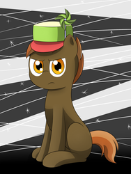 Size: 1800x2400 | Tagged: safe, artist:pvryohei, button mash, earth pony, pony, g4, angry, blank flank, colt, foal, hat, hooves, male, pinwheel (toy), shining bonds, sitting, solo