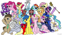 Size: 1280x720 | Tagged: safe, artist:elzielai, apple bloom, applejack, derpy hooves, dinky hooves, doctor whooves, fluttershy, pinkie pie, princess cadance, princess celestia, princess luna, rainbow dash, rarity, time turner, twilight sparkle, oc, oc:snowdrop, alicorn, pony, g4, crossover, female, lord zedd, mane six, mare, mighty morphin power rangers, party cannon, ponified, twilight scepter, twilight sparkle (alicorn)