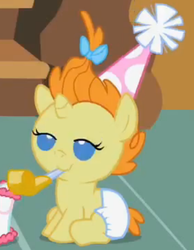 Size: 452x583 | Tagged: safe, screencap, pumpkin cake, pony, baby cakes, g4, baby, baby pony, cute, daaaaaaaaaaaw, diaper, diapered, diapered filly, female, filly, happy, happy baby, hat, lidded eyes, noisemaker, party hat, party horn, sitting, smiling, solo, white diaper