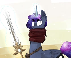 Size: 1280x1034 | Tagged: safe, artist:talludde, princess luna, g4, clothes, female, hearthstone, magic, scarf, solo, sword, telekinesis