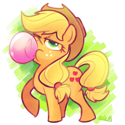 Size: 700x700 | Tagged: safe, artist:vaporotem, applejack, earth pony, pony, g4, blowing, bubblegum, female, freckles, hat, mare, raised hoof, solo