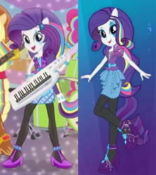 Size: 548x616 | Tagged: safe, rarity, equestria girls, g4, my little pony equestria girls: rainbow rocks, shake your tail, alternative cutie mark placement, clothes, comparison, facial cutie mark, high heels, keytar, musical instrument, ponied up, rainbow, rainbow rocks outfit, rock (music), skirt, stockings