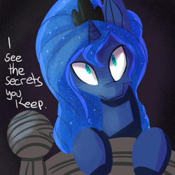 Size: 1400x1400 | Tagged: dead source, safe, artist:fauxsquared, princess luna, pony, g4, bed, bedpost, female, fourth wall, looking at you, mare, solo, song reference, talking in your sleep, the romantics