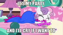 Size: 1280x720 | Tagged: safe, edit, edited screencap, screencap, sweetie belle, for whom the sweetie belle toils, g4, season 4, 5-year-old sweetie belle, caption, clothes, crying, cute, dress, female, hub logo, image macro, it's my party, lesley gore, lipstick, lyrics, meme, sad, shoes, solo, song reference