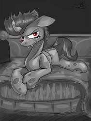 Size: 3000x4000 | Tagged: safe, artist:asadama, oc, oc only, oc:erad strum, changeling, bed, grayscale, looking at you, monochrome, prone, solo