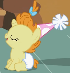 Size: 567x589 | Tagged: safe, screencap, pumpkin cake, pony, unicorn, baby cakes, g4, baby, baby pony, cute, diaper, diapered, diapered filly, eyes closed, female, filly, foal, happy, happy baby, hat, one month old filly, open mouth, party hat, sitting, smiling, solo, white diaper