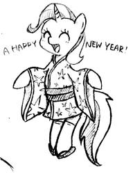 Size: 736x960 | Tagged: safe, artist:tebasaki, trixie, pony, g4, bipedal, black and white, clothes, dialogue, eyes closed, female, grayscale, happy, happy new year, kimono (clothing), monochrome, open mouth, simple background, slippers, smiling, socks, solo, traditional art, white background