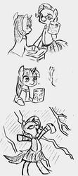 Size: 455x1024 | Tagged: safe, artist:tebasaki, trixie, twilight sparkle, pony, unicorn, g4, bipedal, clothes, comic, competition, glasses, grayscale, lightning, monochrome, school uniform, skirt, traditional art