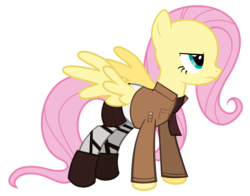 Size: 1019x800 | Tagged: safe, artist:flare-chaser, fluttershy, g4, attack on titan, clothes, female, jacket, mikasa ackerman, scarf, simple background, solo, transparent background, vector