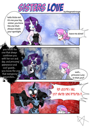 Size: 1041x1473 | Tagged: safe, artist:thegreatrouge, nightmare moon, rarity, sweetie belle, alicorn, unicorn, anthro, for whom the sweetie belle toils, g4, ambiguous facial structure, character to character, comic, dialogue, grin, hand on hip, horn, lipstick, rage, scene parody, sharp teeth, smiling, speech bubble, spread wings, teeth, transformation, wings, yelling