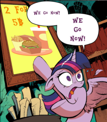 Size: 862x983 | Tagged: safe, idw, twilight sparkle, alicorn, pony, g4, spoiler:comic, feather, female, hay burger, mare, meme, open mouth, pointing, shocked, solo, that pony sure does love burgers, tongue out, twilight burgkle, twilight sparkle (alicorn), wide eyes
