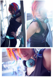 Size: 746x1072 | Tagged: safe, artist:schpog, rainbow dash, human, g4, cosplay, headphones, irl, irl human, photo, solo