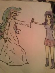 Size: 540x720 | Tagged: safe, artist:pegasister5498, princess celestia, twilight sparkle, human, g4, humanized, traditional art