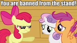 Size: 960x540 | Tagged: safe, apple bloom, scootaloo, sweetie belle, g4, banned, chowder, cutie mark crusaders, image macro, meme